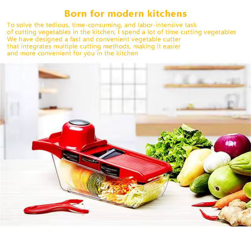 Red steel vegetable slicer with container and assorted fresh vegetables on kitchen counter stainless steel vegetable slicer