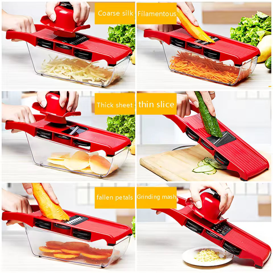 Red stainless steel vegetable slicer shredding carrots, cucumbers, and other vegetables with container at Clarify.pk