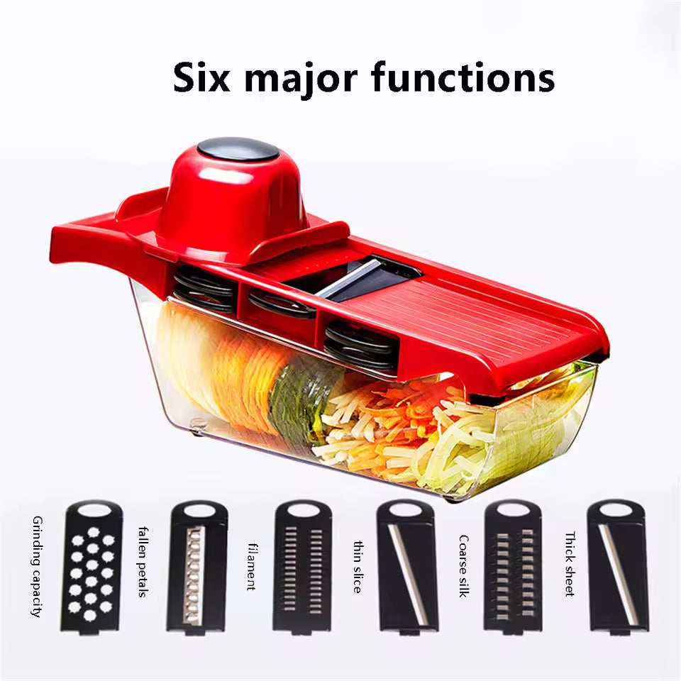 Clarify.pk stainless steel vegetable slicer in red with six interchangeable blades for slicing, shredding, and grinding