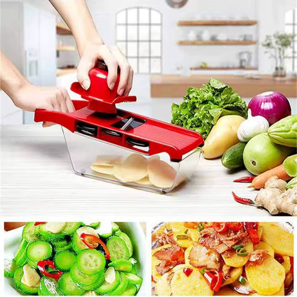 Clarify.pk stainless steel vegetable slicer with red handle slicing potatoes into a clear container