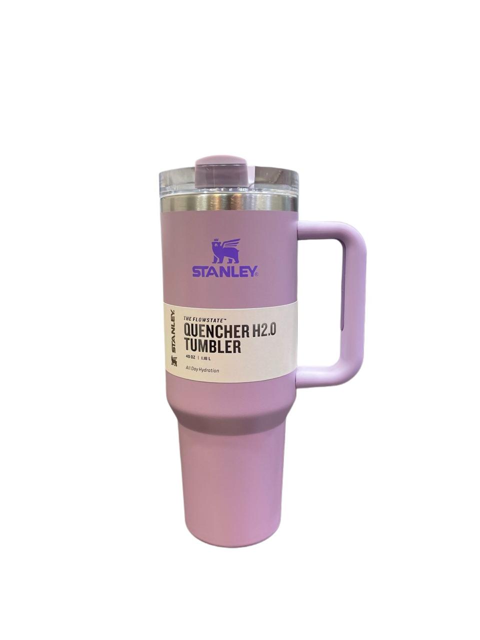40oz stainless steel tumbler with handle in lavender color by Stanley for hot and cold drinks