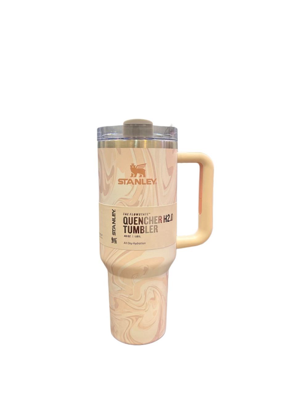 40oz stainless steel tumbler with handle in beige marble design by Stanley with clear lid