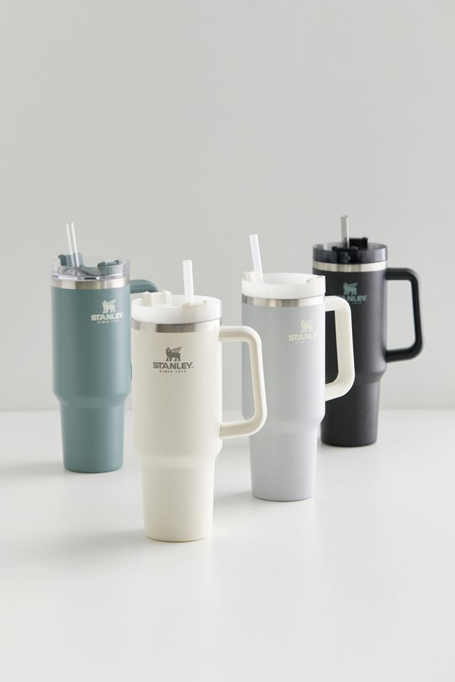 Set of 40oz stainless steel tumbler with handle in various colors including white, gray, black, and green