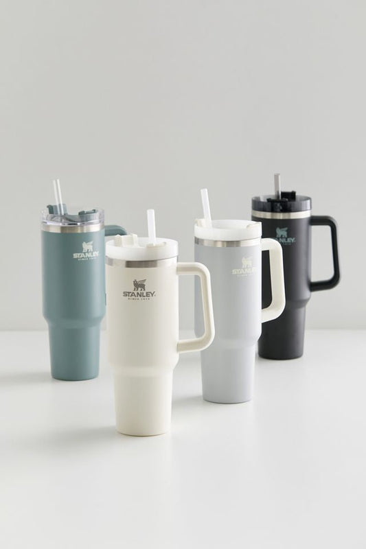 Set of 40oz stainless steel tumbler with handle in various colors including white, gray, black, and green