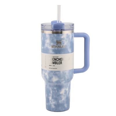 40oz stainless steel tumbler with handle in blue tie-dye design with clear lid and straw by Clarify.pk