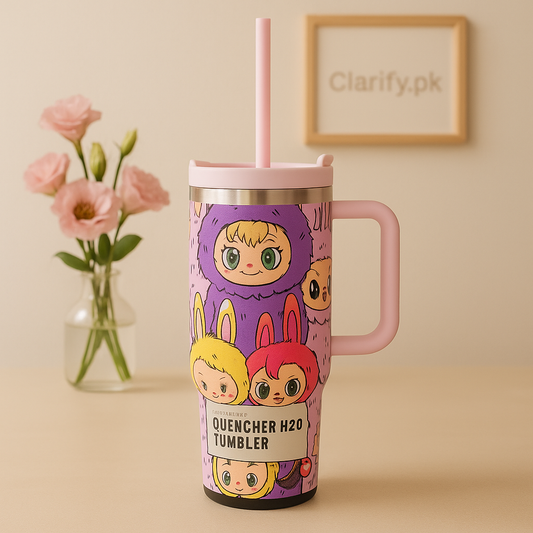 Clarify.pk insulated tumbler with straw featuring colorful cartoon character design and handle