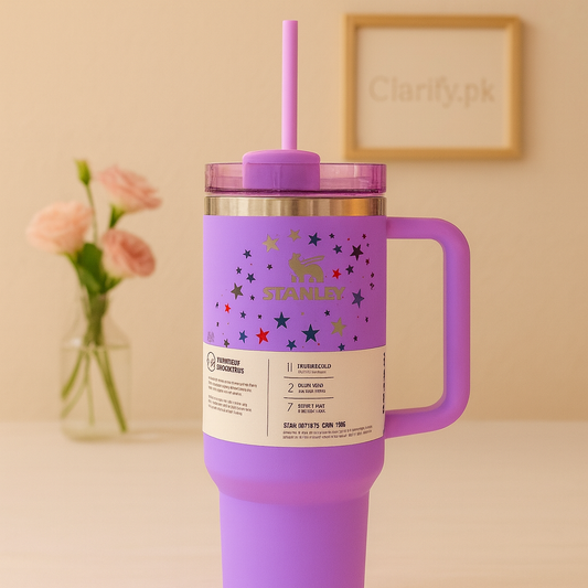 Purple insulated tumbler with straw featuring star design and handle from Clarify.pk