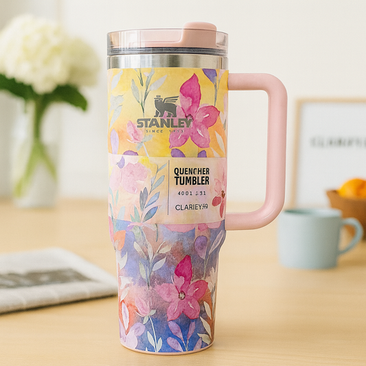 Stanley Quencher Tumbler with floral design and pink handle on wooden table by Clarify.pk