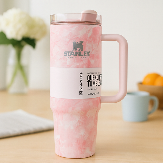 Pink Stanley Quechua Tumbler with Handle and Lid for Hot and Cold Beverages