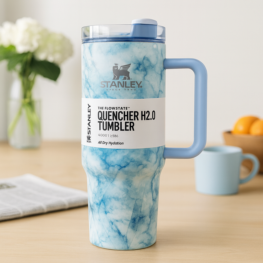 Stanley Quencher H2.0 TUMBLER in blue marble design with handle for all day hydration
