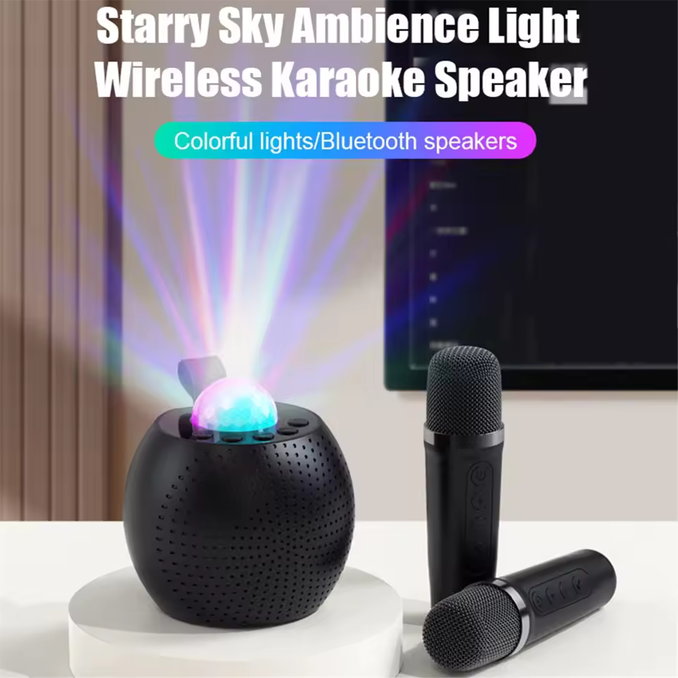Bluetooth speaker with mic karaoke set including starry sky ambience light and two black wireless microphones