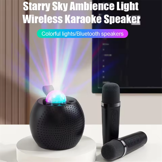 Bluetooth speaker with mic karaoke set including starry sky ambience light and two black wireless microphones