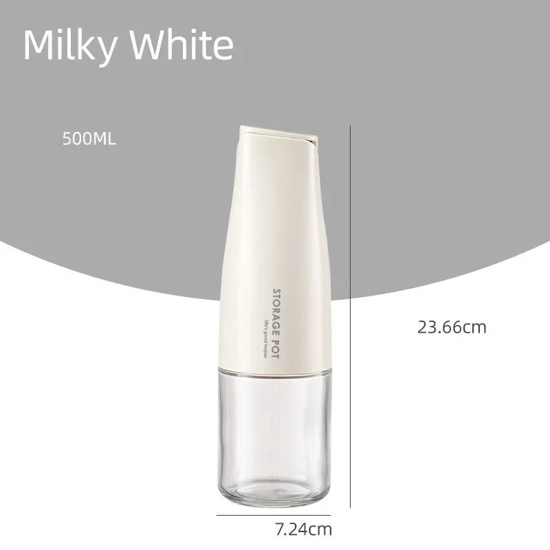 Milky white 500ml oil bottle for kitchen with clear base and sleek storage pot design