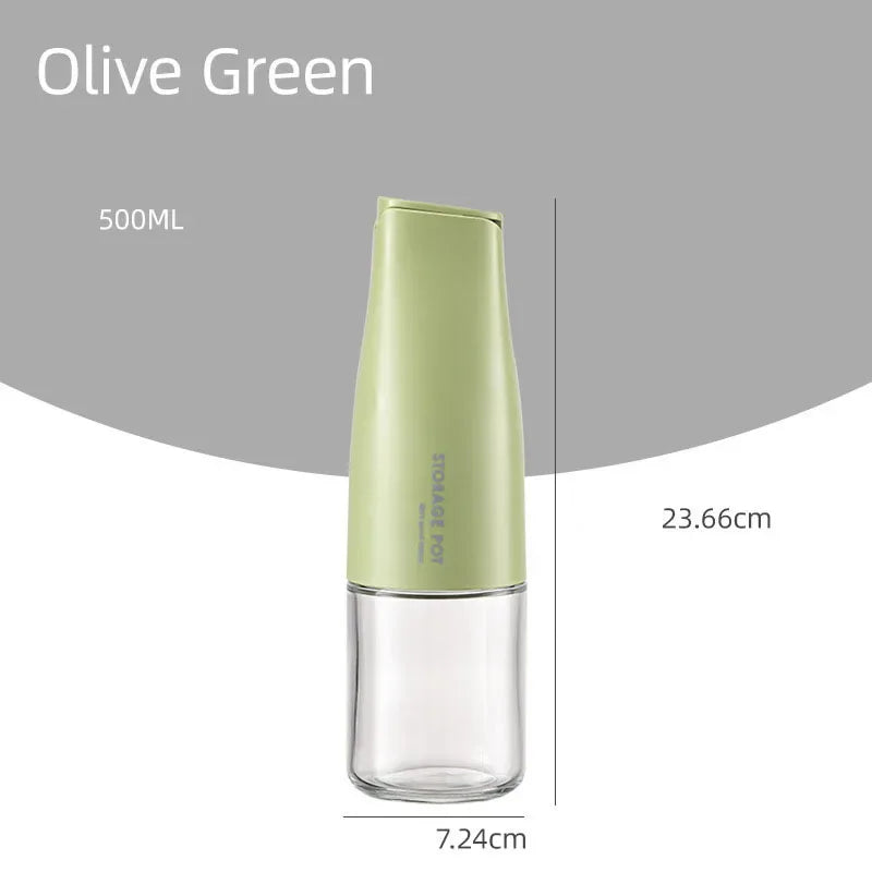 Olive green 500ml oil bottle for kitchen with clear bottom and sleek design