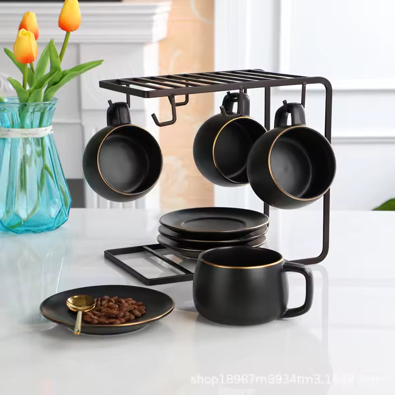 Clarify.pk stylish coffee mugs holder with black mugs and plates on a kitchen countertop