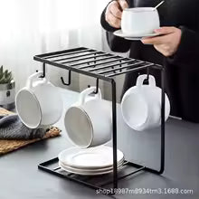 Clarify.pk stylish coffee mugs holder in black metal with hanging hooks and plate storage