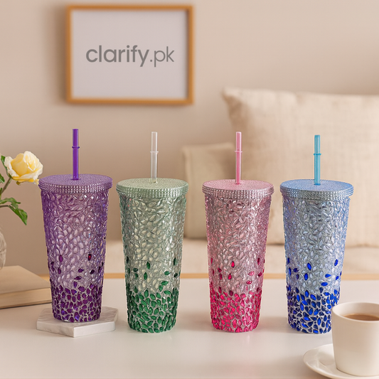 Clarify.pk stylish water tumbler with straw in purple green pink and blue textured design set of four