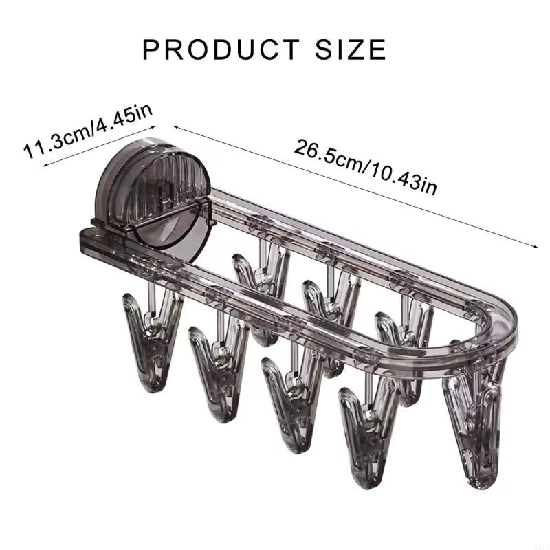 Transparent suction clothes hanger rack with six clips and suction cup for wall mounting
