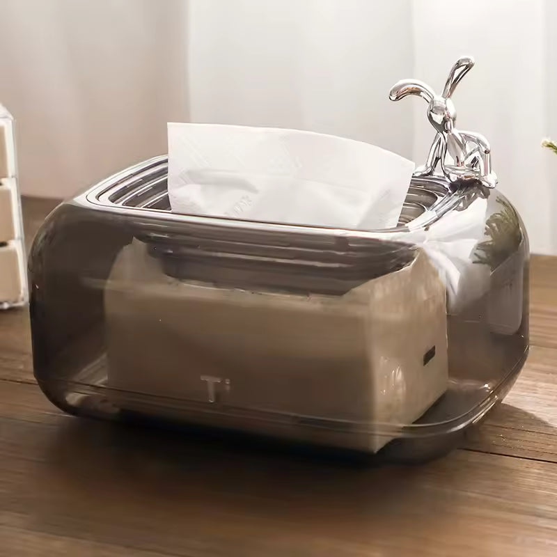 Clarify.pk sunken tissue box organizer with transparent smoky cover and silver rabbit handle on wooden table