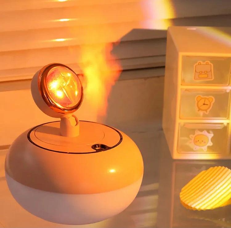 Clarify.pk sunset light humidifier with warm orange glow and mist for cozy indoor atmosphere