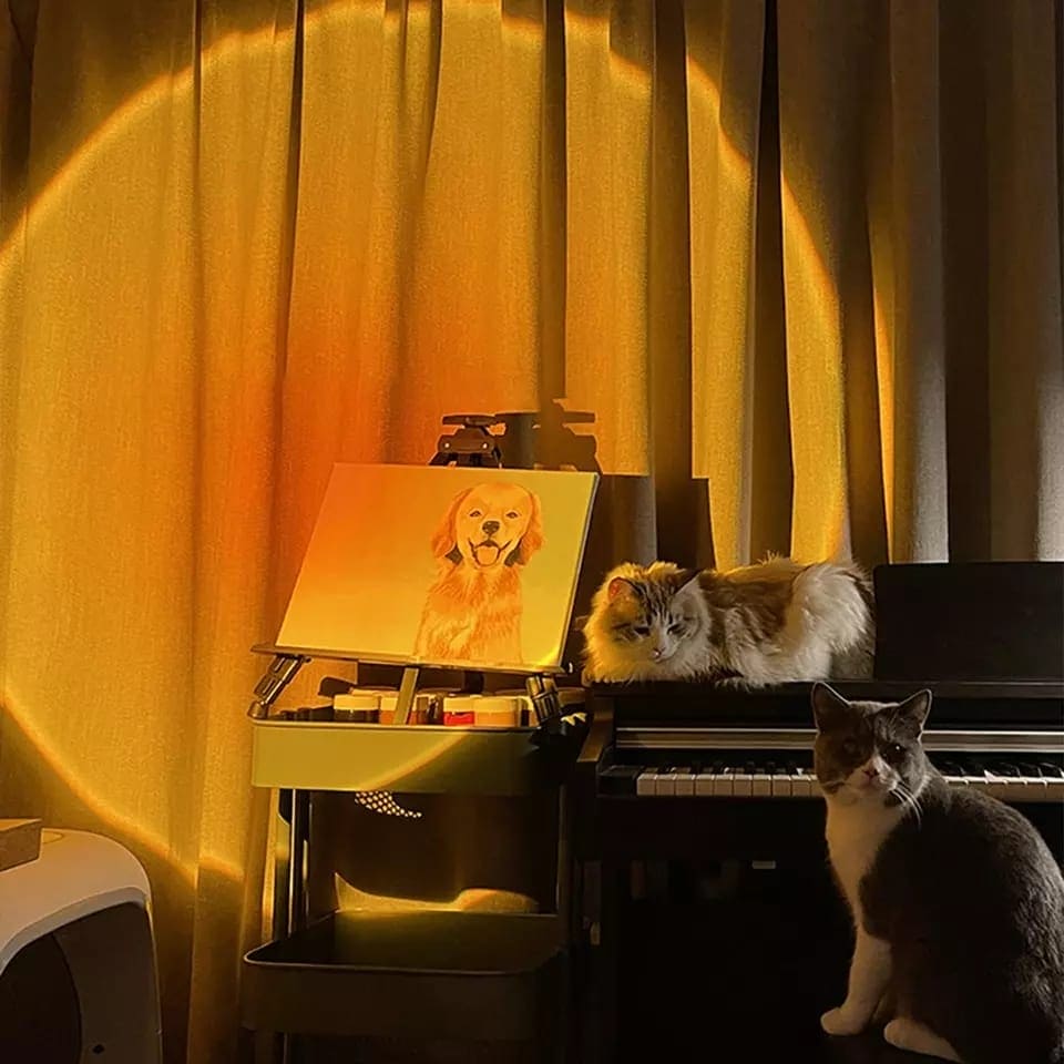 Sunset projector lamp for bedroom casting warm orange light on curtain with cats and piano