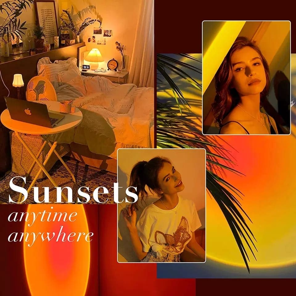 Warm cozy bedroom illuminated by a sunset projector lamp for bedroom creating relaxing ambient lighting
