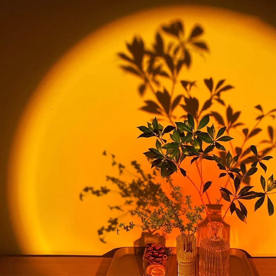 Sunset projector lamp for bedroom casting warm orange light and shadows of plants on wall