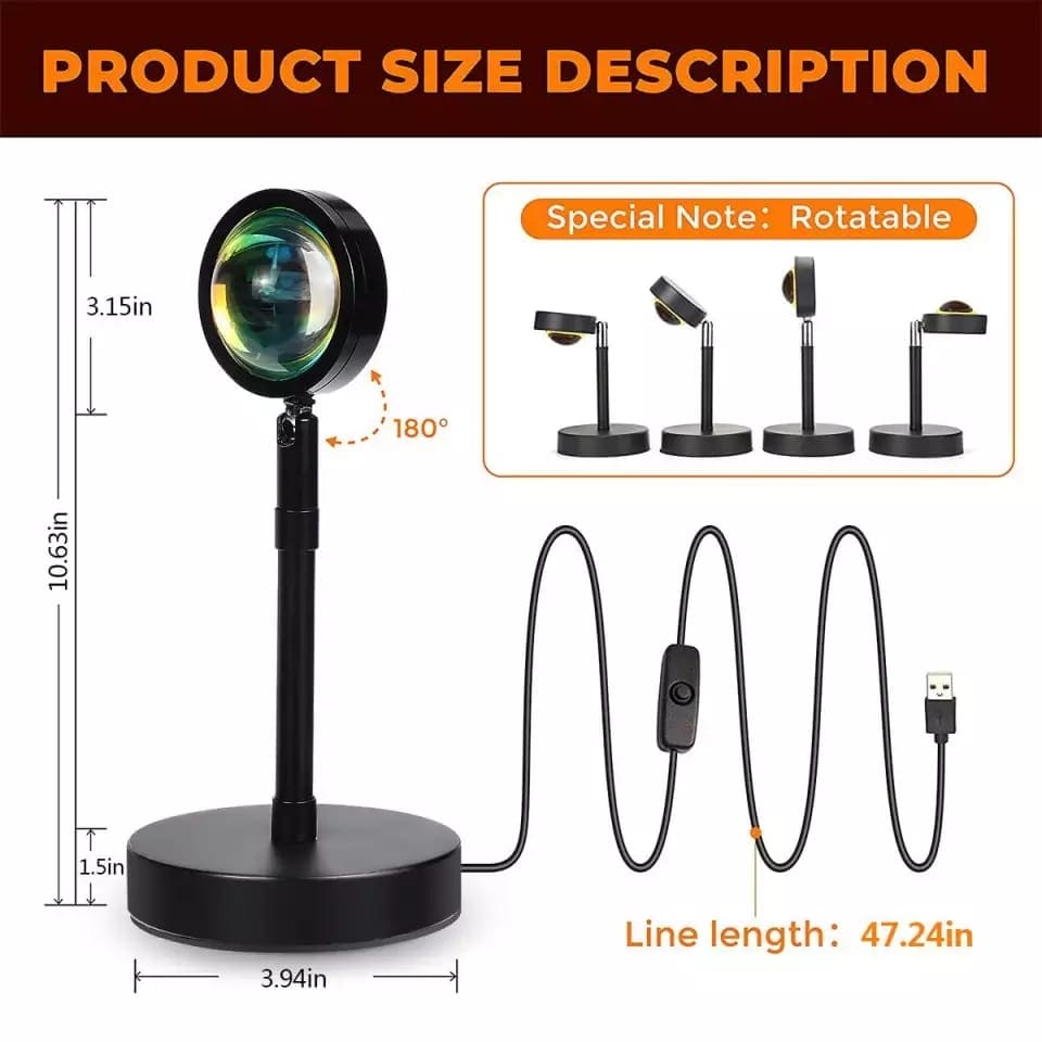 Compact black sunset projector lamp for bedroom with rotatable head and USB cable