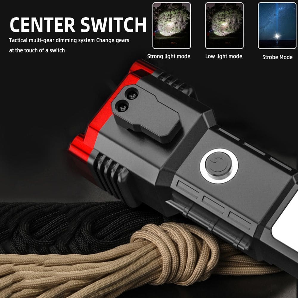 Clarify.pk super bright led flashlight with center switch and tactical multi-gear dimming system on black background