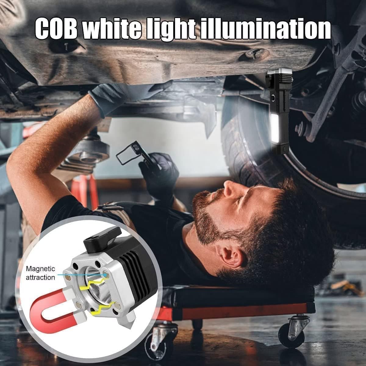 Mechanic using a super bright led flashlight with COB white light illumination and magnetic attraction under a car