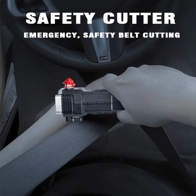 Hand holding safety cutter to cut car seatbelt in emergency with super bright led flashlight feature