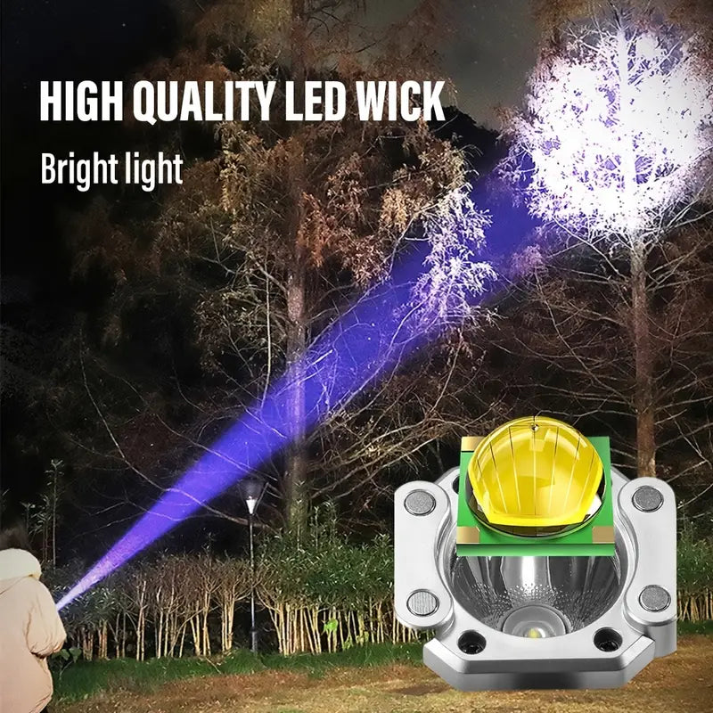 Super bright led flashlight beam illuminating trees at night showcasing high quality LED wick bright light