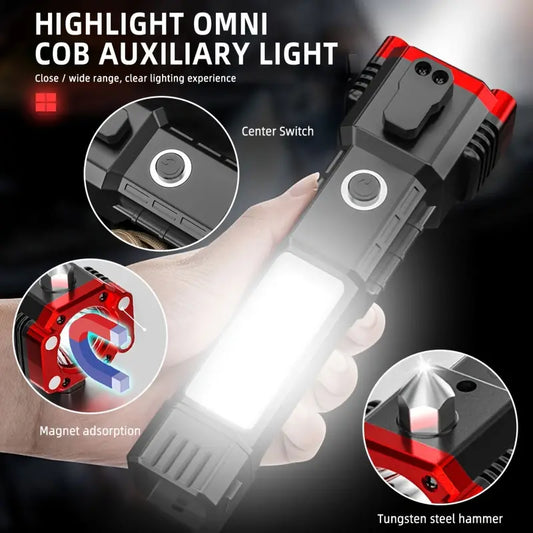 Clarify.pk super bright led flashlight with center switch magnet adsorption and tungsten steel hammer