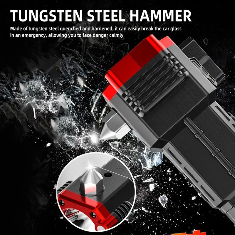 Tungsten steel hammer with super bright led flashlight and car glass breaking tip for emergency use