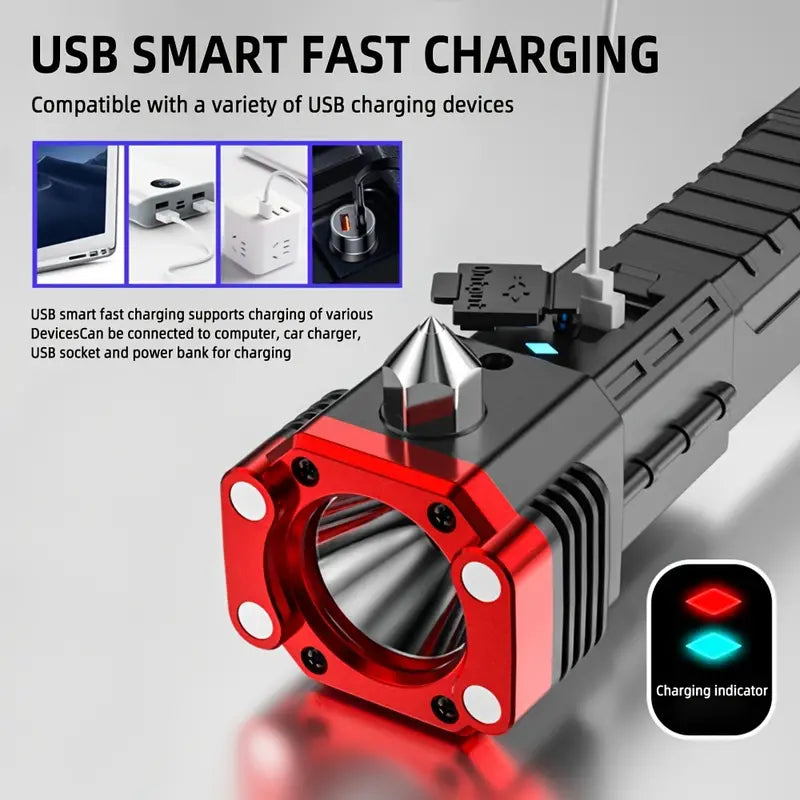 Black and red super bright led flashlight with USB smart fast charging and charging indicator light
