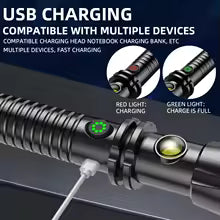 USB charging super bright self defense torch showing charging status with red and green lights