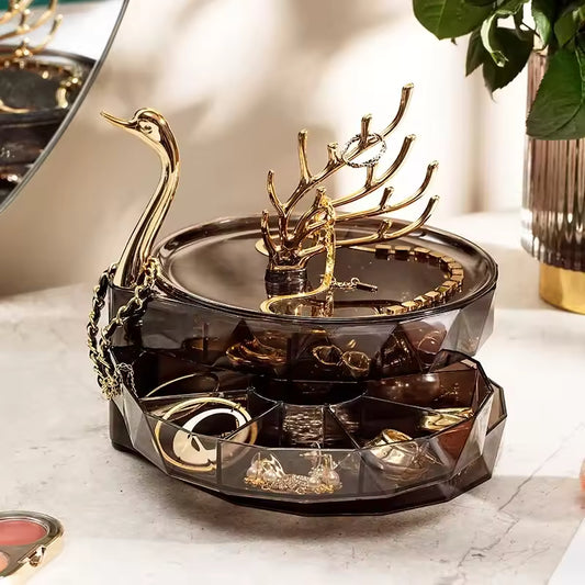 Elegant Swan Dream Desktop Jewelry Box with gold swan design and multiple compartments for jewelry storage