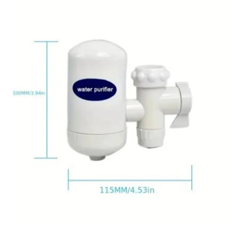 White tap water kitchen faucet water purifier attachment with compact design and measurement details