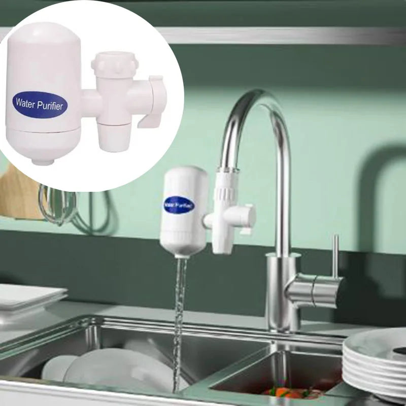 Tap Water Kitchen Faucet with attached white water purifier installed on stainless steel kitchen sink