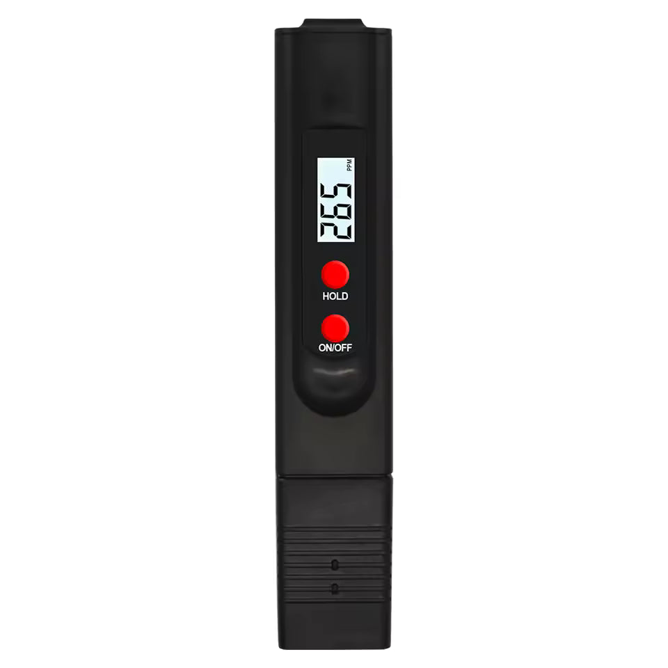 Clarify.pk black handheld TDS meter for water testing with digital display and red buttons