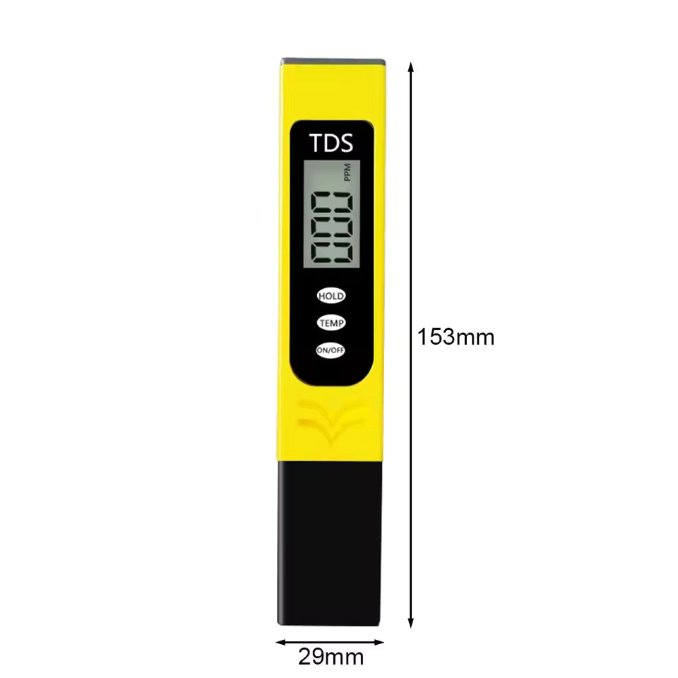 Yellow and black TDS meter for water testing with digital display and measurement buttons