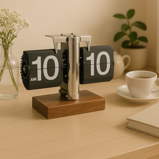 retro flip desk clock on wooden base with chrome pillar and black flip numbers on a desk near coffee cup