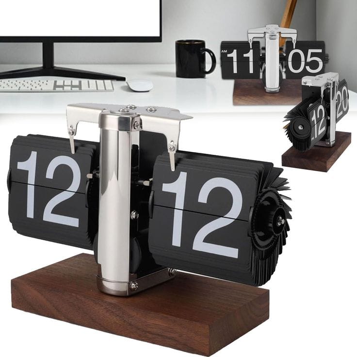 retro flip desk clock with chrome column and wooden base displaying bold white numbers on black flip cards