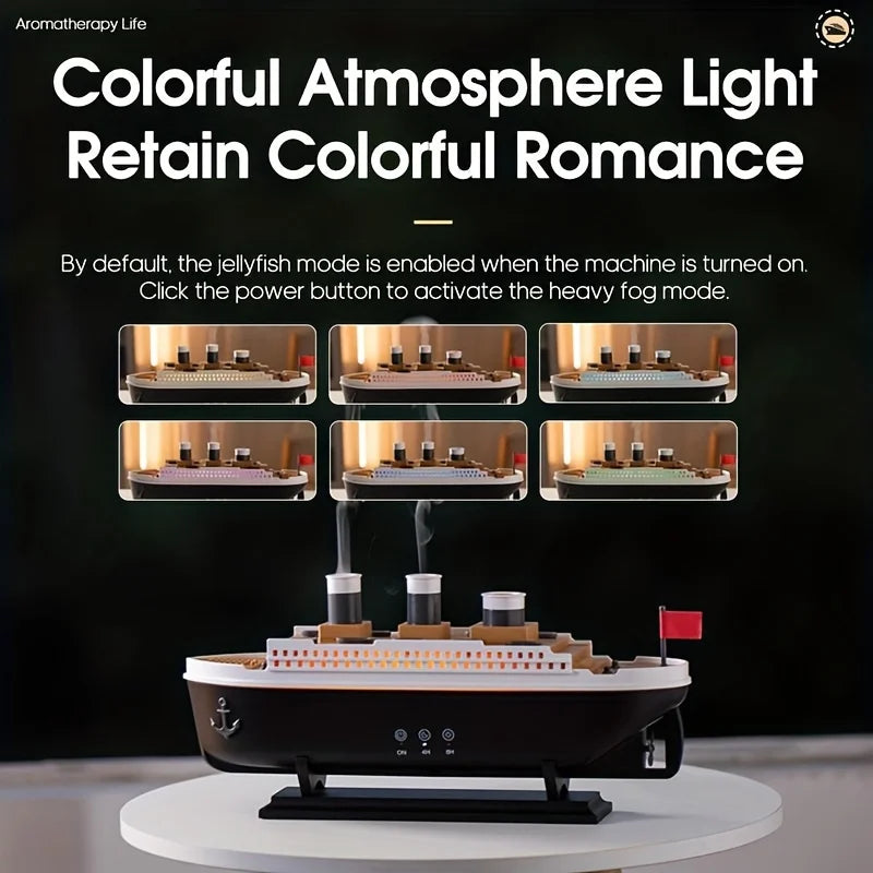 Clarify.pk Titanic ship humidifier with colorful atmosphere light and heavy fog mode on round table