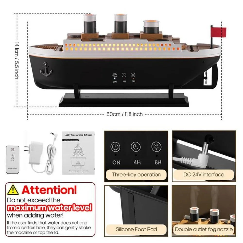 Clarify.pk Titanic ship humidifier with three chimneys, remote control, silicone foot pads, and double outlet fog nozzles