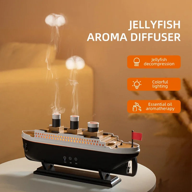 Titanic ship humidifier in black and white design releasing mist with jellyfish aroma diffuser features
