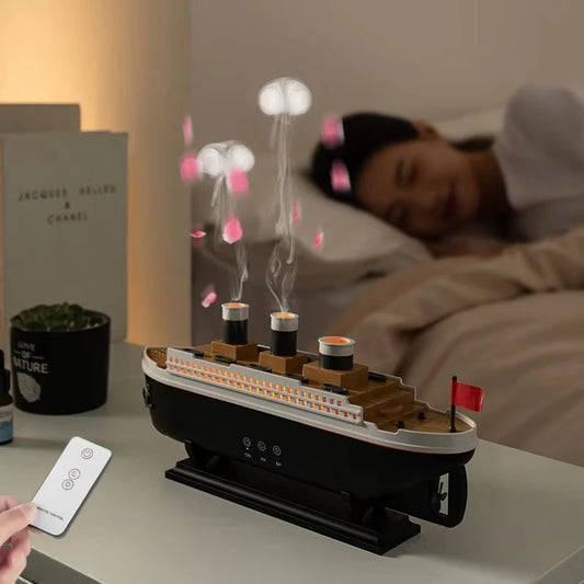 Clarify.pk Titanic ship humidifier releasing mist with remote control on bedside table