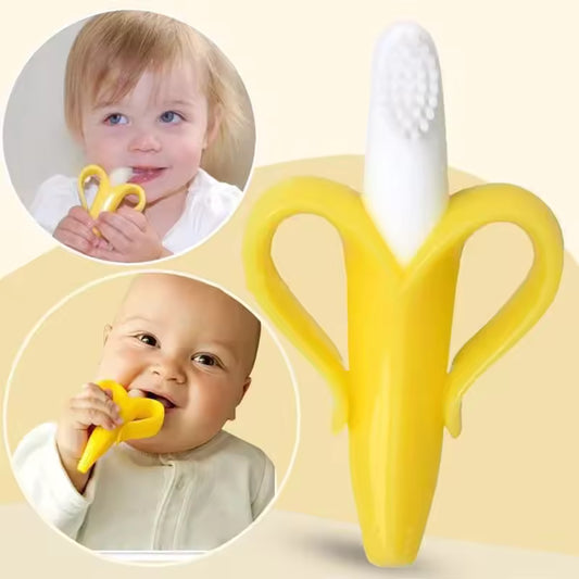 Toddler training toothbrush for baby shaped like a yellow banana with soft bristles and easy-grip handles
