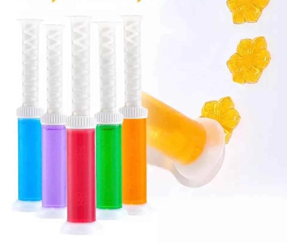 Colorful Toilet Fragrance Gel Injection tubes in blue purple red green and orange for freshening bathrooms