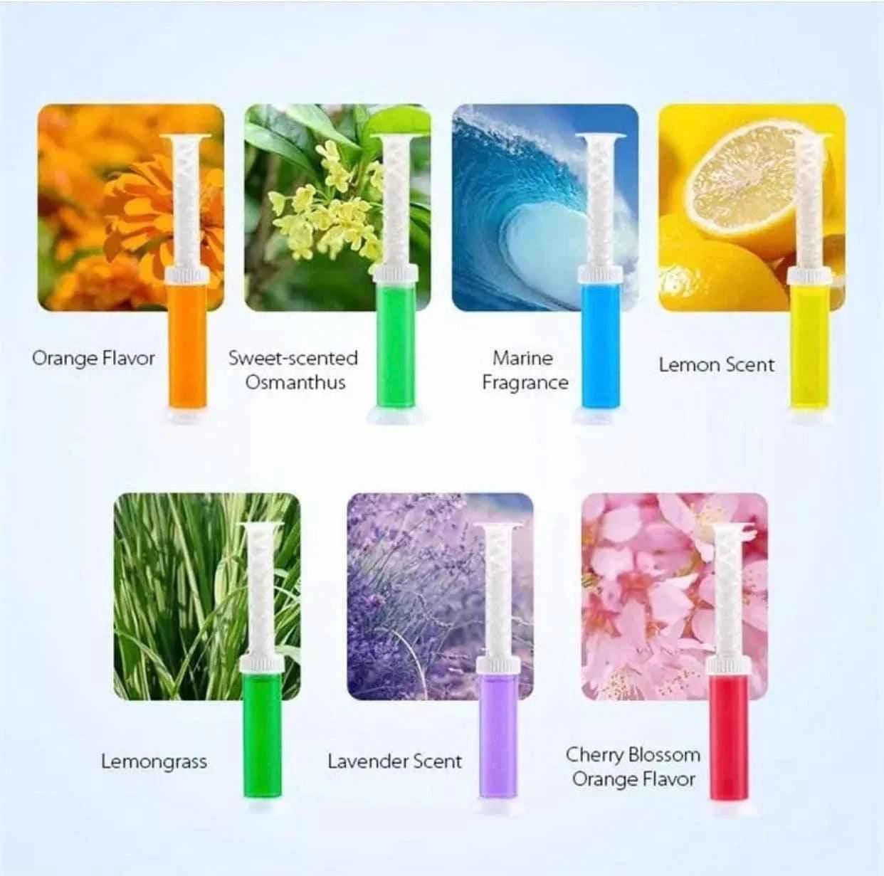 Clarify.pk Toilet Fragrance Gel Injection in various scents including orange, osmanthus, marine, lemon, lemongrass, lavender, and cherry blossom